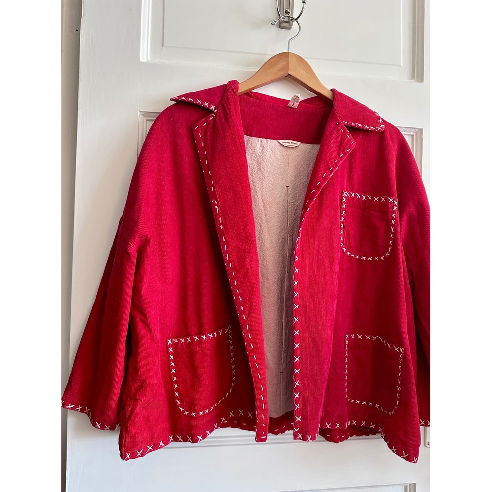Runaway Bicycle Red Corduroy Cross Stitch Chore Coat Jacket Womens SM - Picture 3 of 7